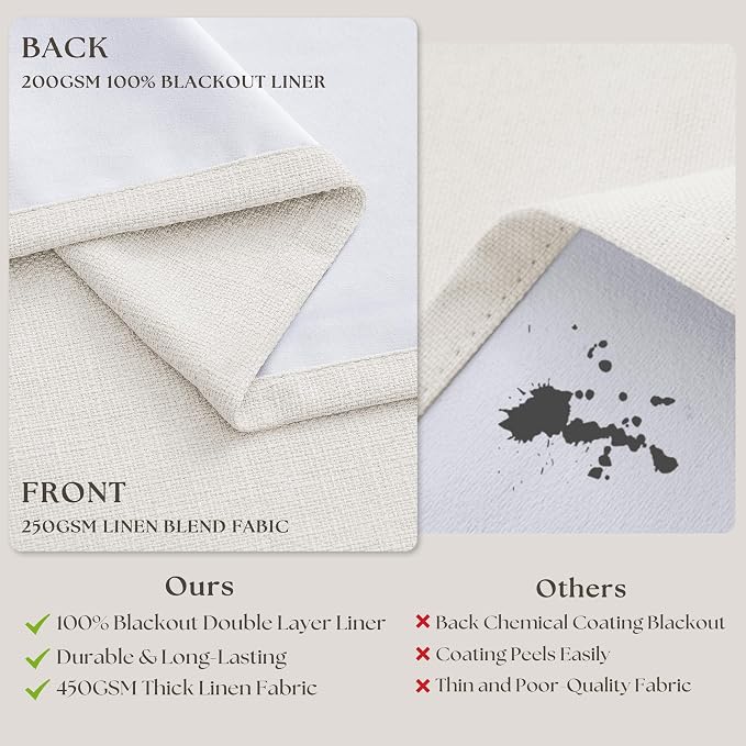 Pinch Pleated Blackout 102 Inch Bedroom Curtains Ivory Linen Dual Layer | - Image 7