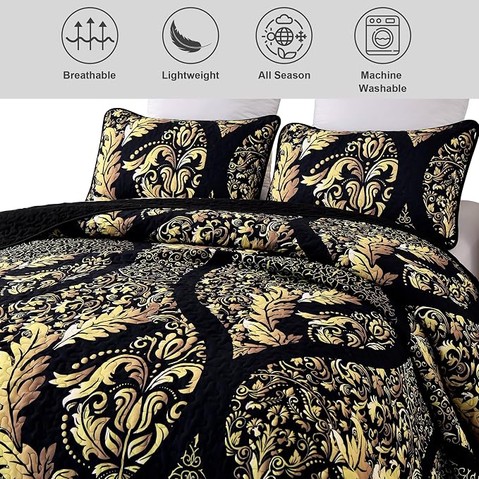 DJY Black Quilt Set Queen Size, Boho Gold Damask Bedspread Coverlet 3Pcs | Soft - Image 4