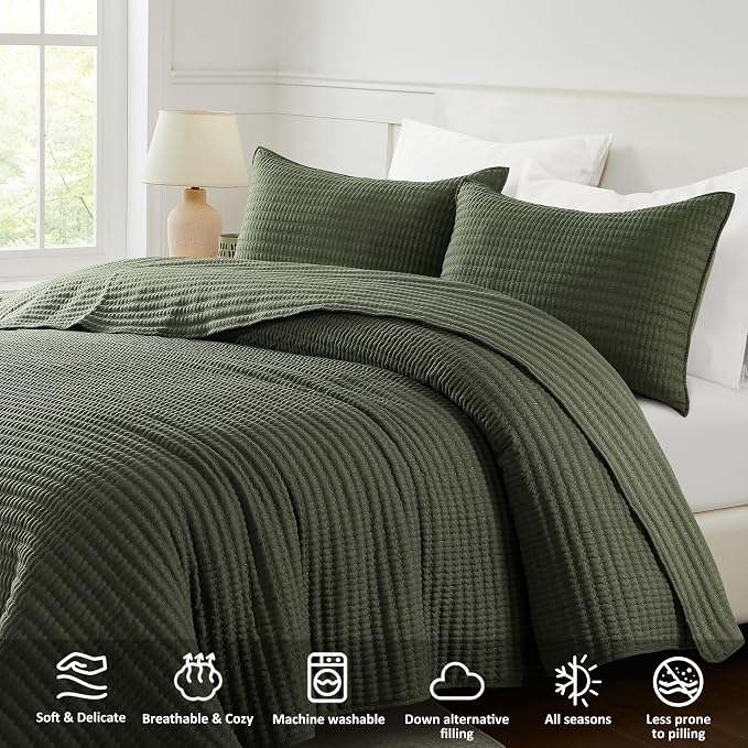 WDCOZY Olive Green Queen Size Pick Stitch Quilt Set, 3 Pieces 90x90 inches | - Image 3