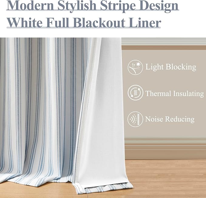 ZJDECOR 63 Inch Blue Stripe Full Blackout Window Curtain Panels, Room Darkening - Image 3