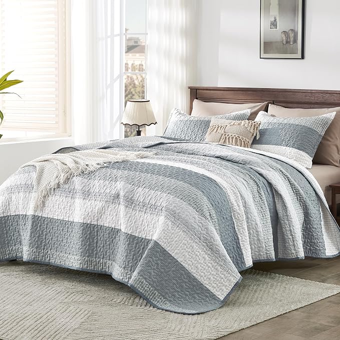 Queen Quilt Set Grey, 3 Pieces Striped Bedspread | Ultra Soft Summer - Image 2