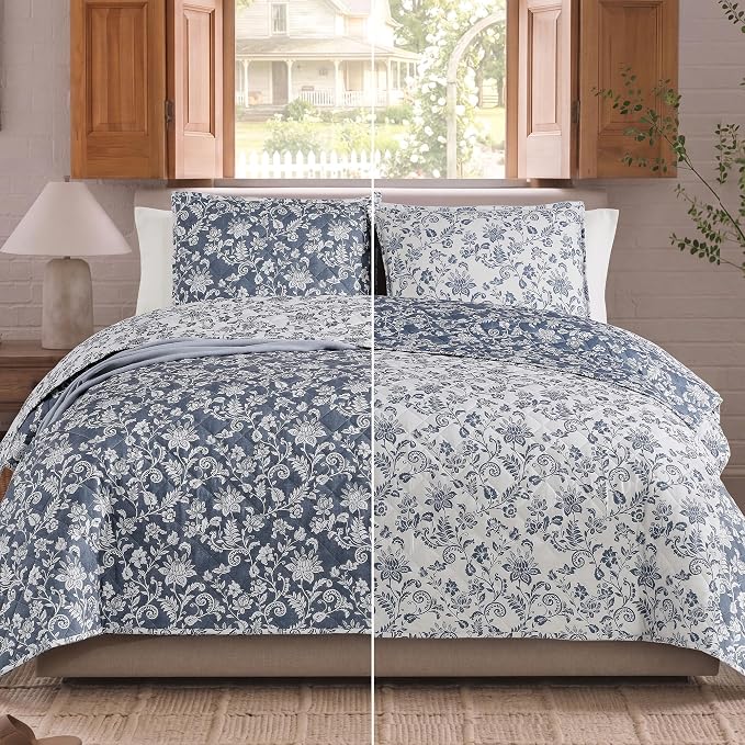 King Quilt Set-3 Pieces Soft Bedding Floral Reversible Coverlet | All Seasons - Image 2