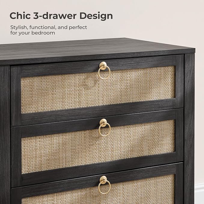 SICOTAS Rattan Nightstand with 3 Drawers, Large Boho Bedside Tables Bedroom | - Image 5