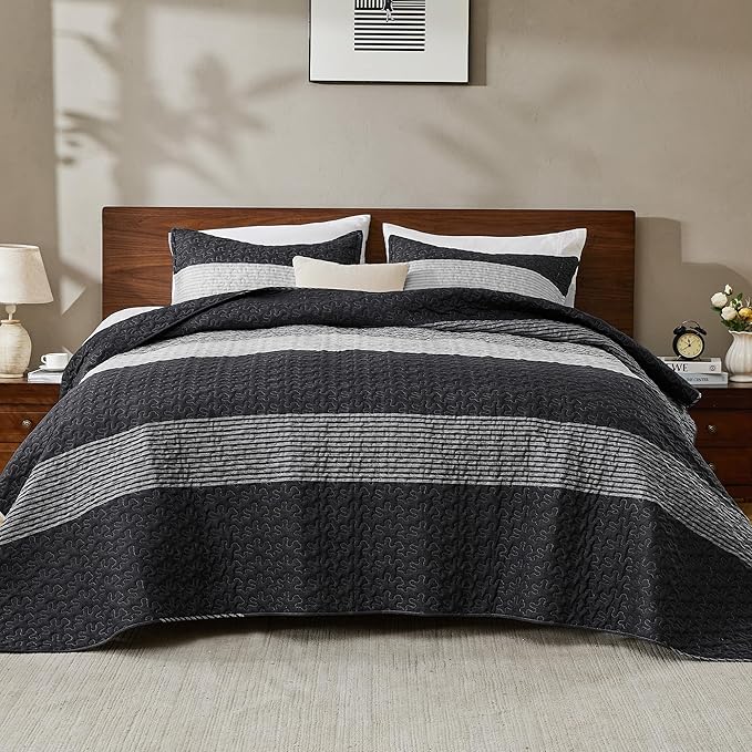 Oversized King Quilt Set Black White, 3 Pieces Stripe Bedspread | 128x120 Inch - Image 3