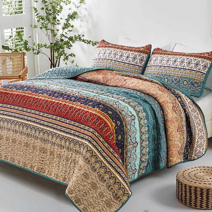 WONGS BEDDING Boho Full Quilt Set, 3 Pieces Green Brown Bohemian Full Size - Image 2