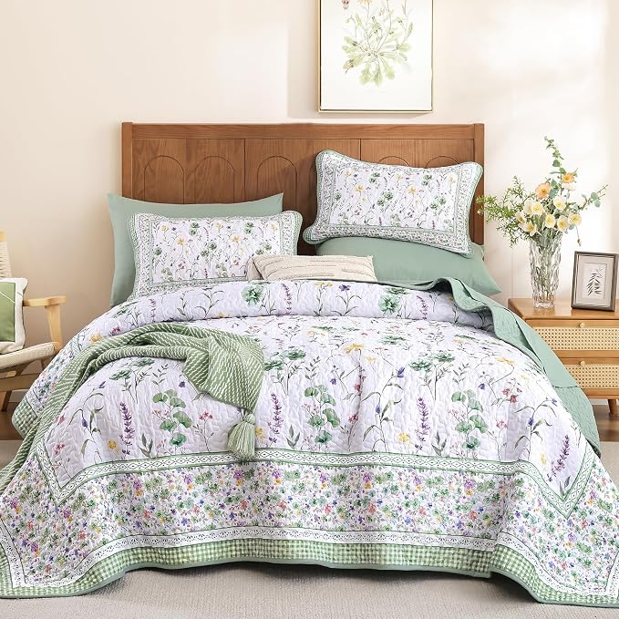 WONGS BEDDING Floral Quilt Set Queen，3 Pcs Green Bedspreads Coverlet Set | - Image 8
