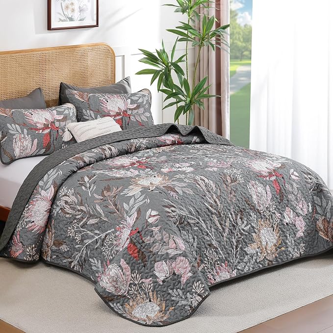 Dintszyayue Quilt King Size Grey, Soft Microfiber Lightweight Farmhouse Bed - Image 2