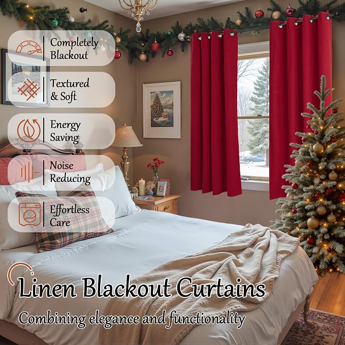 Linen Blackout Curtains 54 Inches Long 2 Panels Each 52 Wide Red | Thermal - Image 2