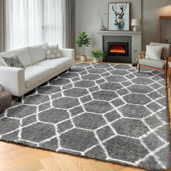 7x9 Area Rugs for Living Room Bedroom, Large Fluffy Grey and White Throw Rug - Image 7