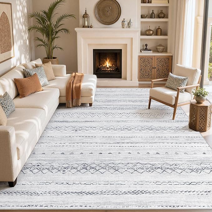 cotiled Boho 9x12 Area Rug for Living Room: Large Moroccan Washable Rug | Stain - Image 8