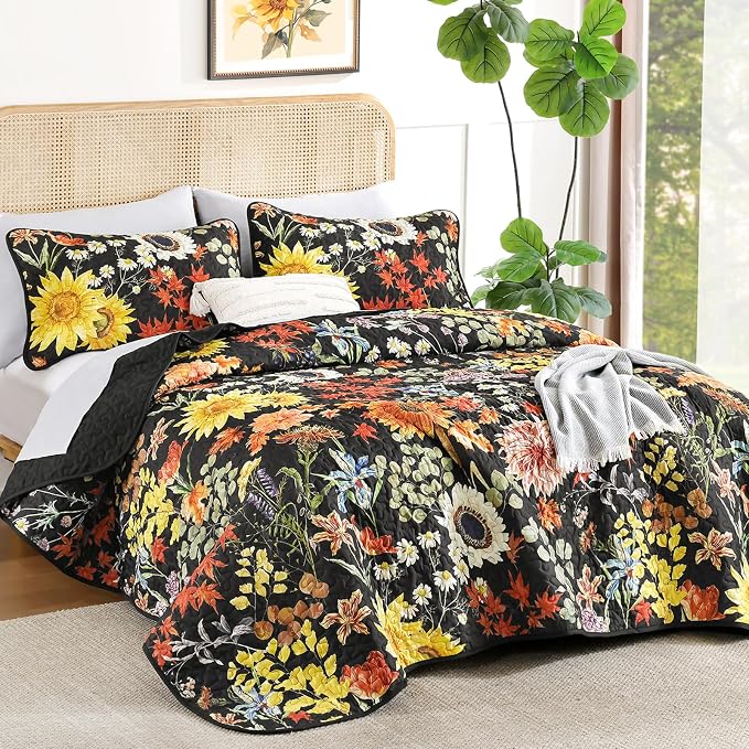 Yiran California King Quilt Black, Sunflower Floral Bedspreads Bedding Set | 3 - Image 2