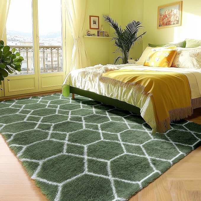 6x9 Area Rugs for Living Room Bedroom, Large Fluffy Olive Green and White Throw - Image 5
