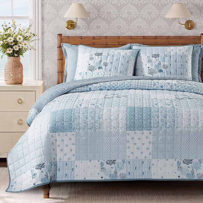 King Quilt Set-3 Pieces Soft Bedding Lightweight Floral Patchwork Coverlet | by BLOOMHAVEN