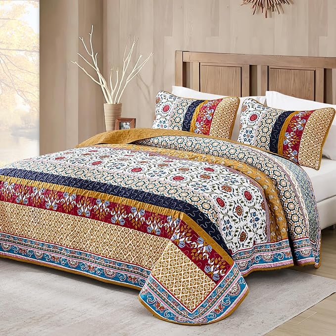 Yiran Boho Quilt Set Queen Size, Fall Tango Orange Patchwork Bedspreads | by Yiran