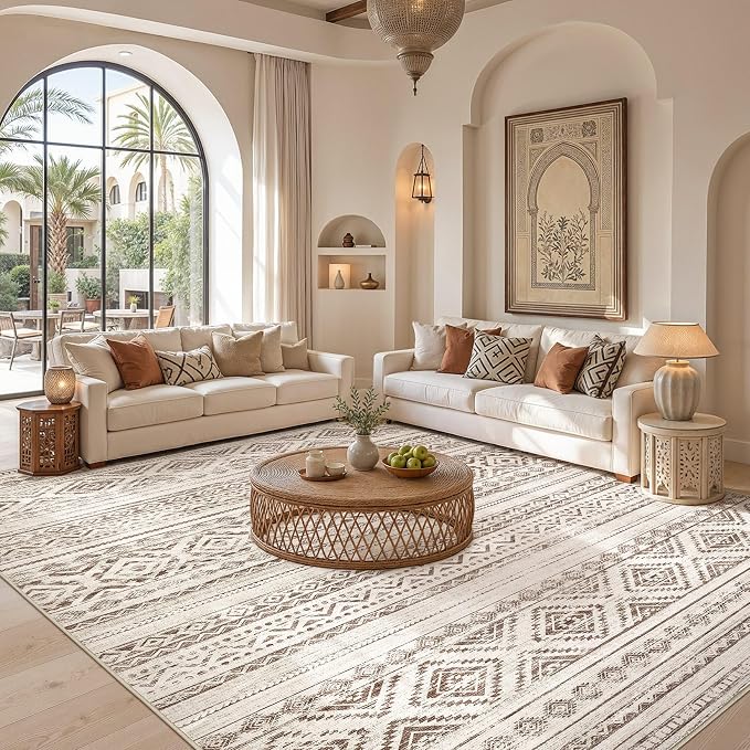 cotiled Boho 9x12 Area Rug for Living Room: Large Moroccan Washable Rug | Stain - Image 5