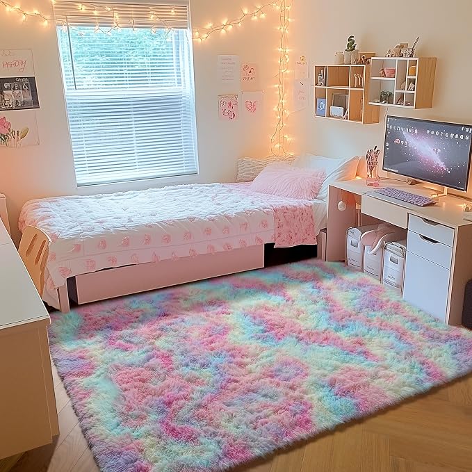 Rainbow Area Rugs for Girls Bedroom, 4x6 Fluffy Bedside Colorful Rug, Cute Soft - Image 3
