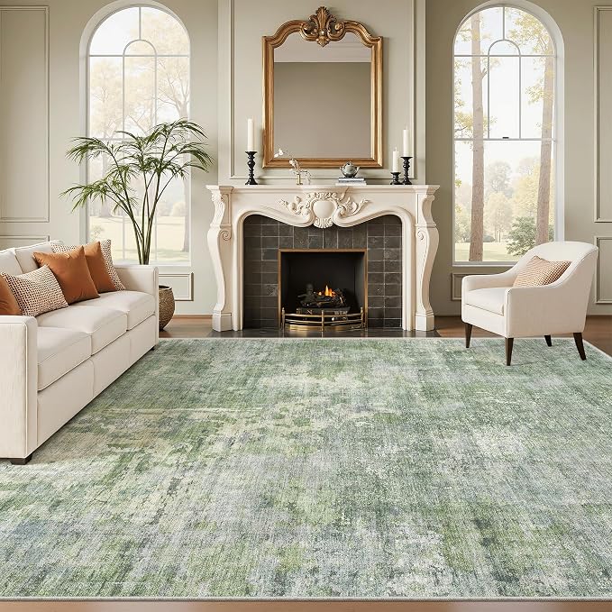 Soalmost 10x12 Area Rugs for Living Room Washable Rug Abstract Green/Ivory | by Soalmost