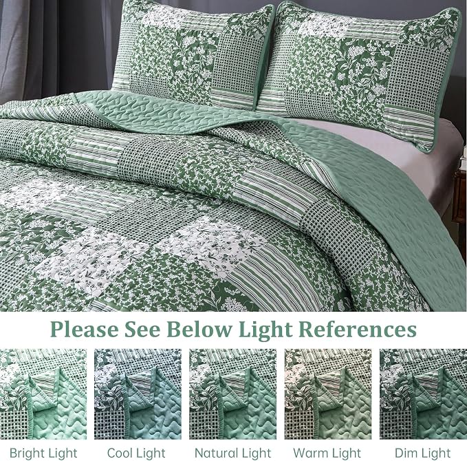 Mybedsoul Green Quilt Set Full Size, Patchwork Reversible Bedding Set | Soft - Image 4