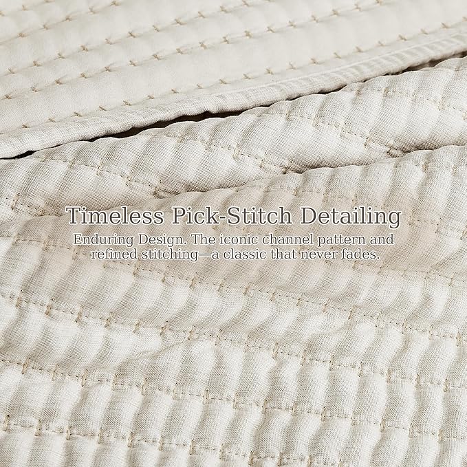 WDCOZY Beige Pick Stitch Queen Size Quilt Set, Striped Lightweight Soft Summer - Image 7