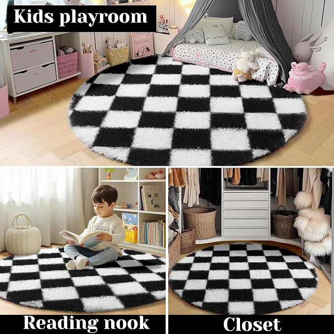 KICMOR Round Rug 4ft for Bedroom, Indoor Checkered Circular Rug for Kids Room - Image 7