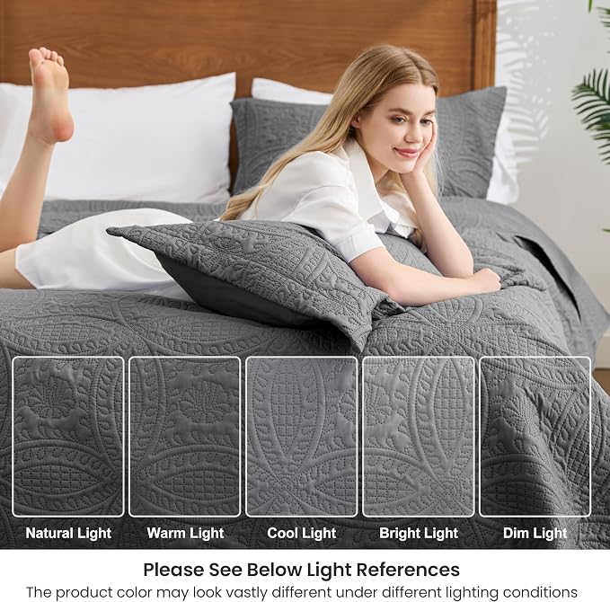 Love's cabin California King Size Quilt Bedding Set Dark Grey Bedspreads - Image 6