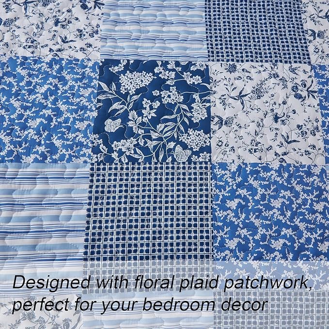 Mybedsoul Blue Quilt Set Twin Size Dorm Bedding, Patchwork Bedding Set | Soft - Image 4