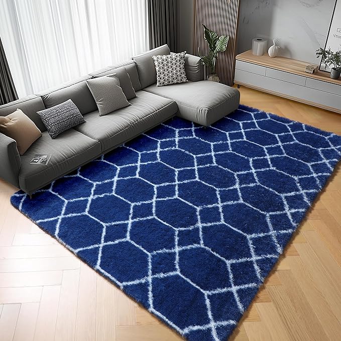 5x7 Area Rugs for Living Room Bedroom, Fluffy Navy Blue and White Throw Rug by ONASAR
