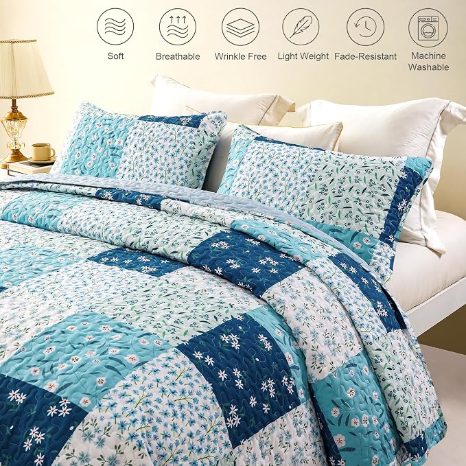 Whale Flotilla Patchwork Quilts Queen Size, Extra Soft Floral Bedspreads | Blue - Image 3