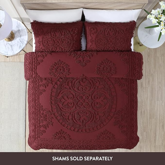 Beatrice Home Fashions Medallion King Cotton Chenille Bedspread, Burgundy | - Image 2