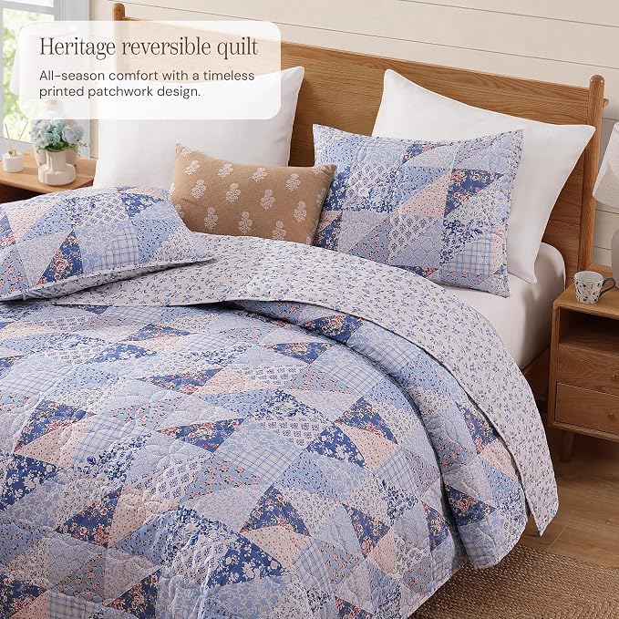 Queen Quilt Set-3 Pieces Soft Bedding Lightweight Floral Patchwork Coverlet | - Image 2