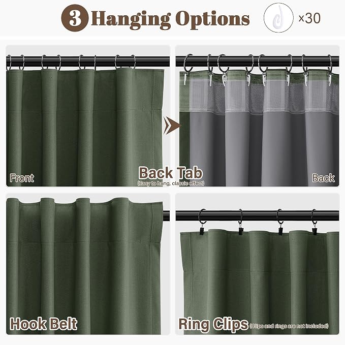 Forest Green 100% Blackout Linen Curtains 90 Inches Long 2 Panels Set Back Tab - Image 3