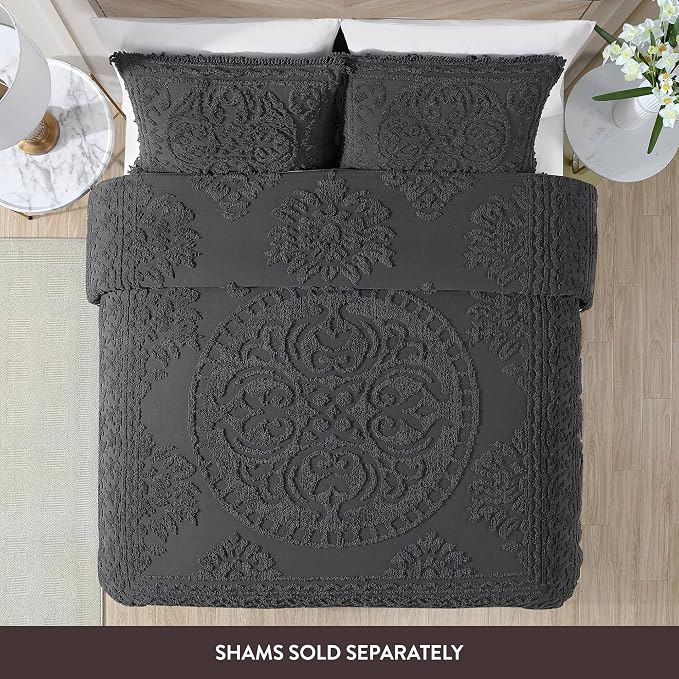 Beatrice Home Fashions Medallion Twin Cotton Chenille Bedspread, Charcoal | - Image 4