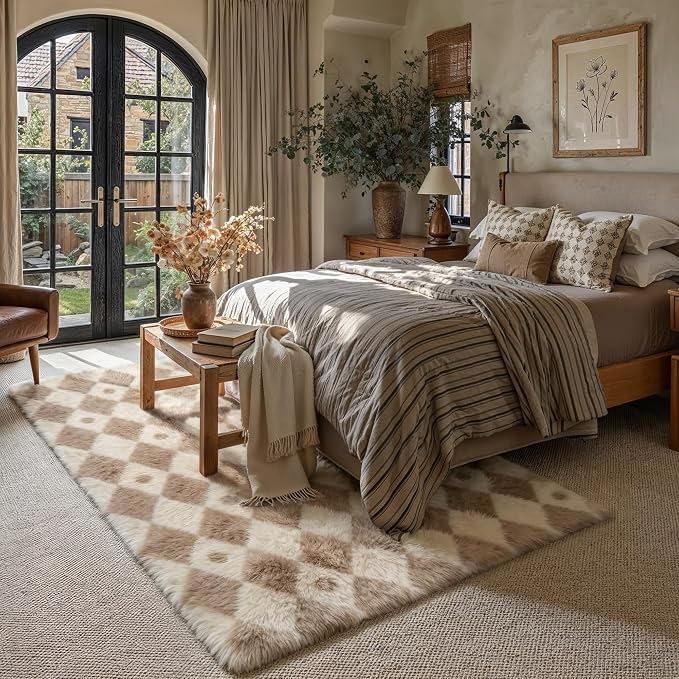 Brown 8x10 Area Rug for Living Room Soft Checkered Shag Carpet | Machine - Image 4