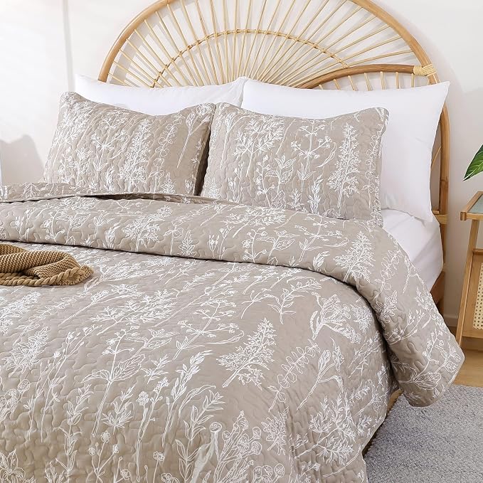 JANZAA Quilt King Size, Oatmeal Quilt Floral Bedspread 3Pcs Boho Bedding Set - Image 5