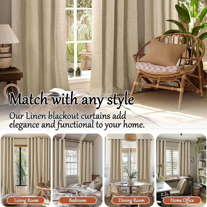 Burlap Linen Blackout Curtains 63 Inch Long Each 60 Wide 2 Panels | Thermal - Image 7