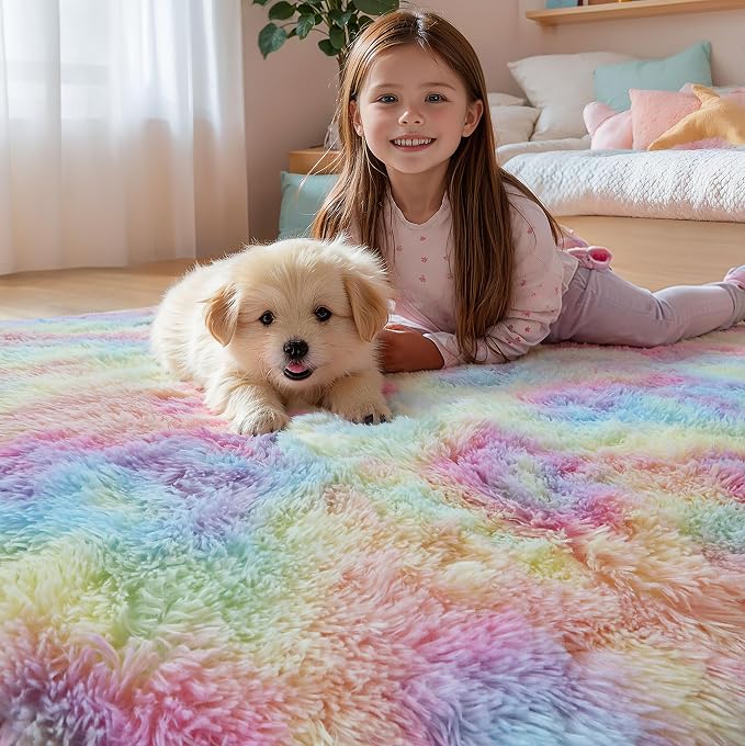Rainbow Fluffy 9x12 Area Rug Soft Washable Shag Carpet - Image 2