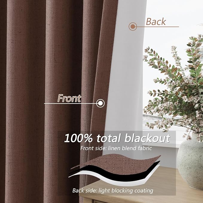 Cappuccino 100% Blackout Linen Curtains 108 Inch Length 2 Panels Set - Image 4