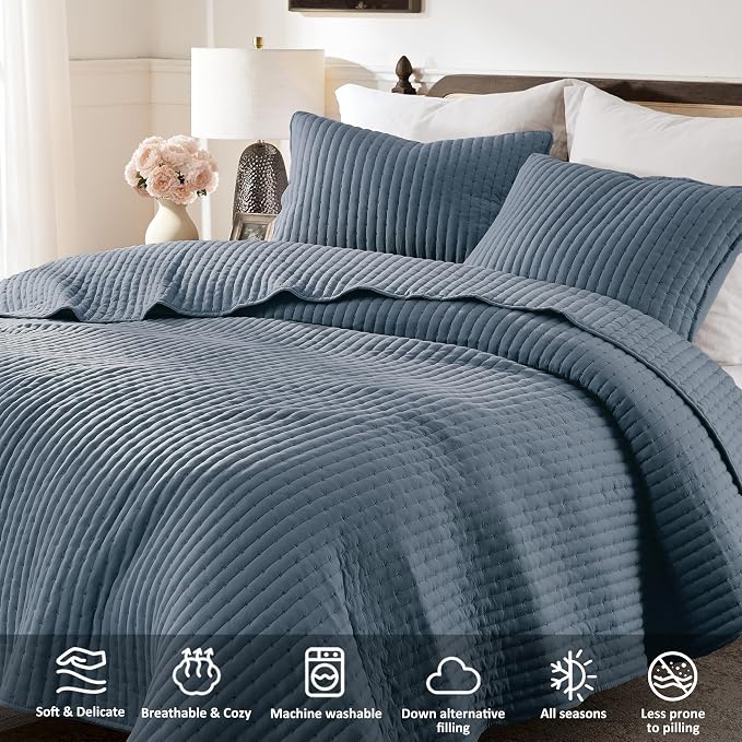 WDCOZY Blue Cross Stitch Twin Size Quilt Set, Striped Lightweight Soft Bedspread - Image 4