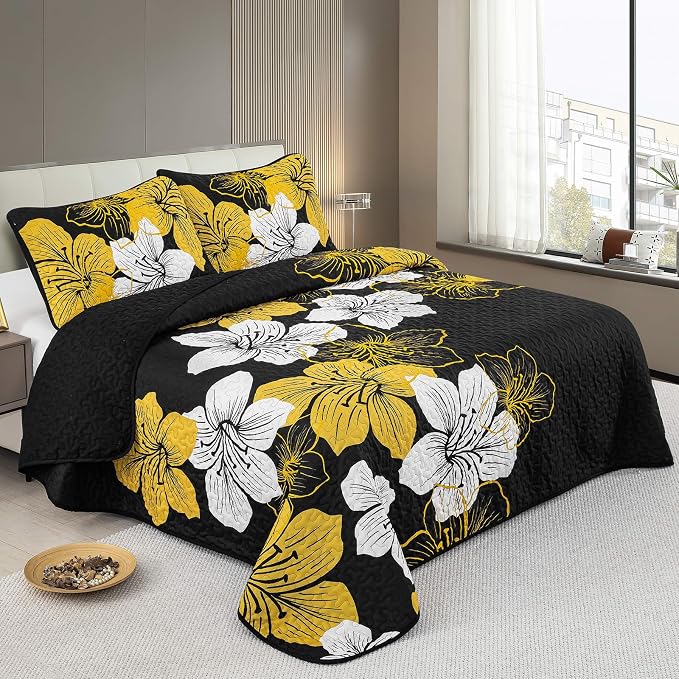 DJY Black Quilt Set King Gold Floral Pattern Quilt Coverlet Set Gorgeous Boho - Image 2