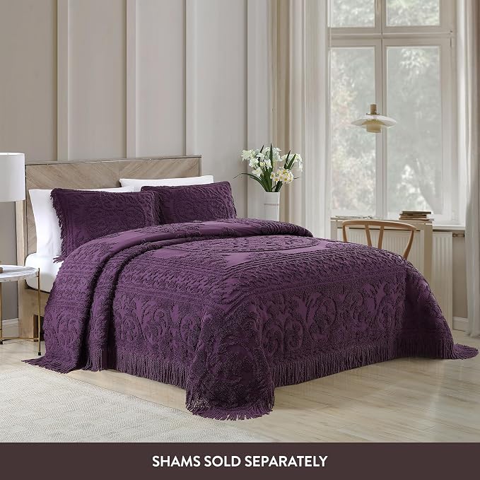 Beatrice Home Fashions Medallion King Cotton Chenille Bedspread, Eggplant | - Image 3