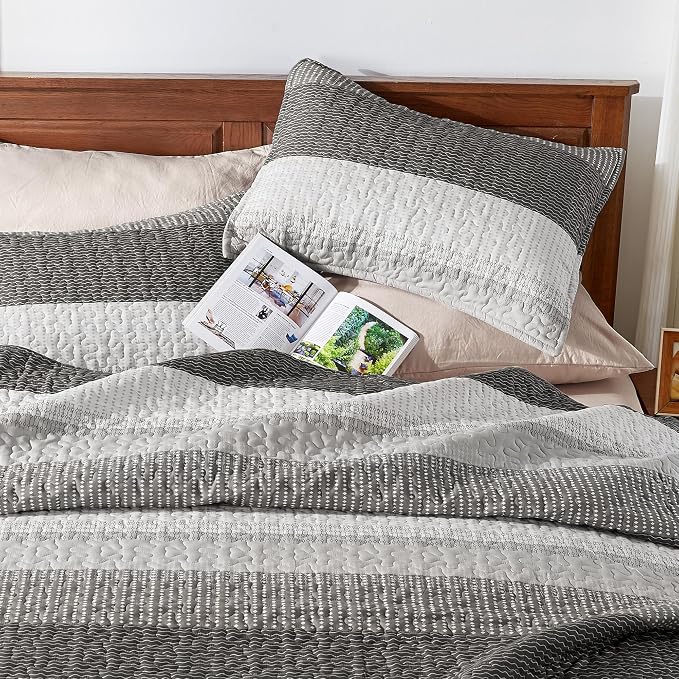Oversized King Quilt Set, Dark Grey Stripe Bedspread, 3 Pieces | 120x98 Inch - Image 4