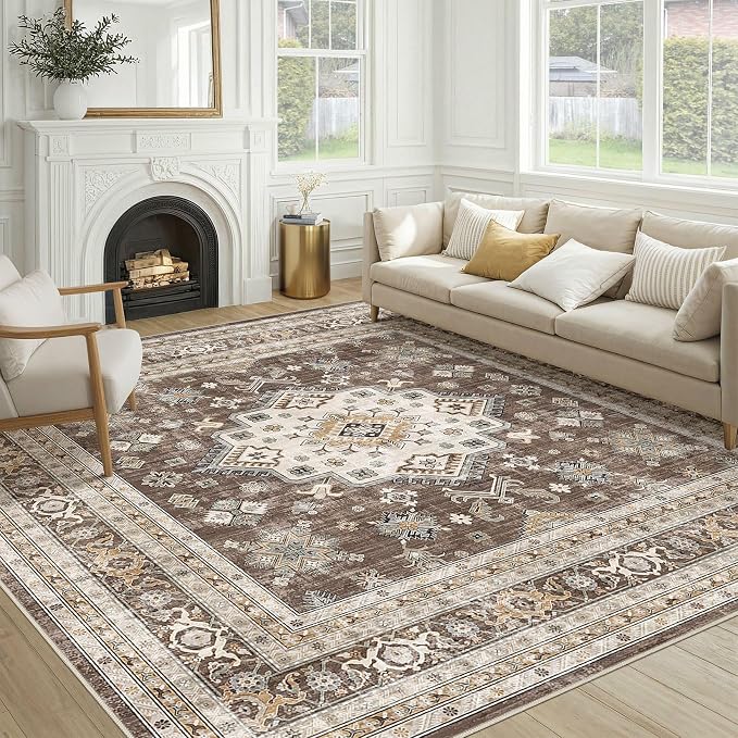 cotiled 8x8 Area Rug for Living Room, Traditional, Dark Brown | Soft Distressed by COTILED