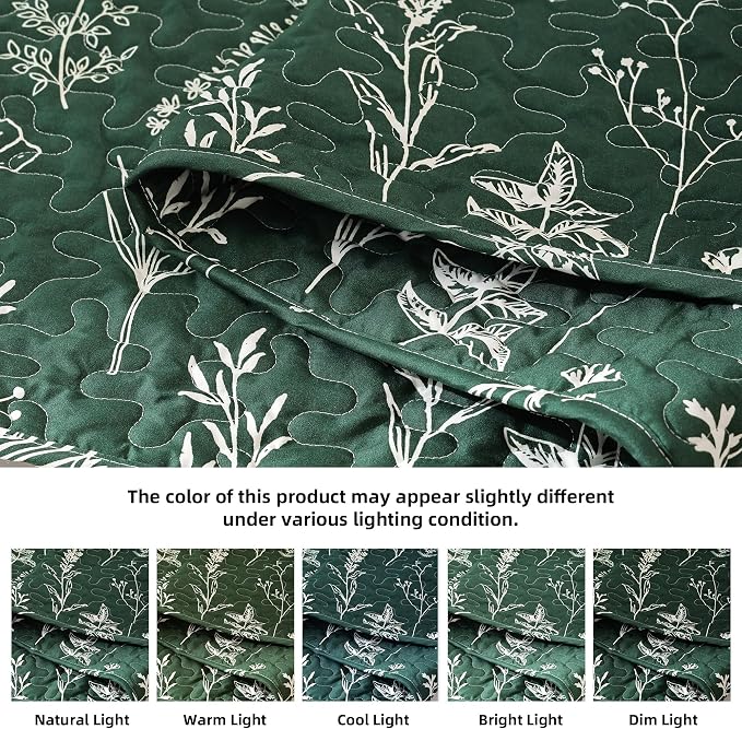 JANZAA Quilts Queen Size, Emerald Green Bedspread Floral Bedding Set 3 Pcs | - Image 4