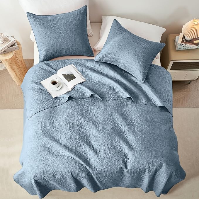 akkialla 118"x106" Dusty Blue California King Quilt Set, Oversized Floor-Length - Image 3