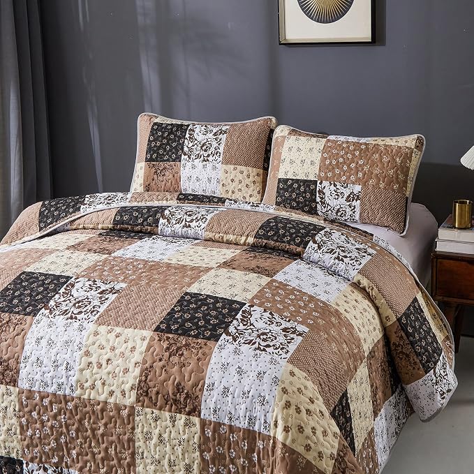 Mybedsoul Patchwork Quilt Set Queen Size, 3 Pieces Brown Floral Plaid Patchwork - Image 5
