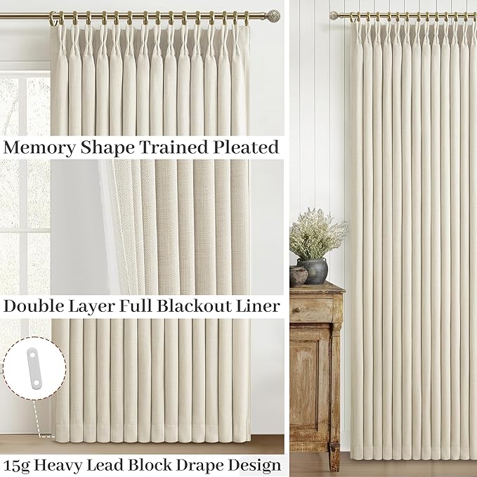 Cream Pinch Pleated Dual Layer Linen 92 Inch Bedroom Curtains 2 Panels Set - Image 3