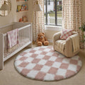 Pink Round Rug 5ft for Bedroom Soft Fluffy Checkered Shag Carpet | Machine by PureCozy