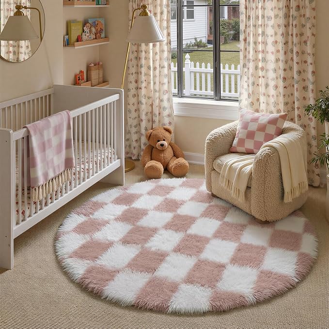 Pink Round Rug 5ft for Bedroom Soft Fluffy Checkered Shag Carpet | Machine by PureCozy