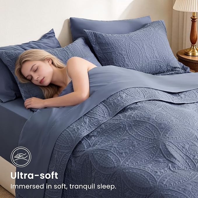 Love's cabin Queen Quilt Set Bluish Grey, Bed in a Bag Queen Bedding 7 Pcs - Image 5