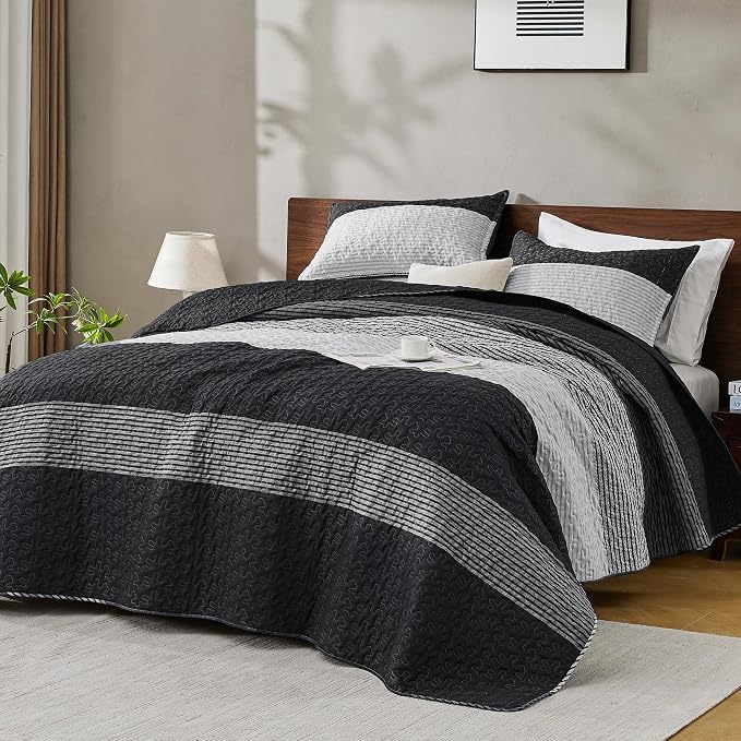 California King Quilt Set Black White, 3 Pieces Grey Bedspreads | Ultra Soft - Image 8